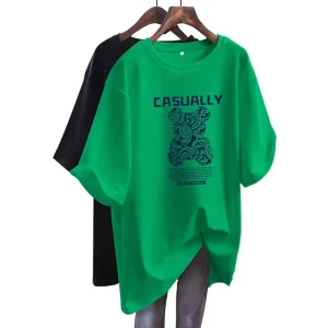 Women’s Green Solid 100% Cotton Vintage Loose Fit Long Sleeve Mid Length T-shirt Summer Fashionable Retro Large Size