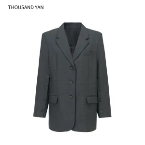 Women’s Grey Wool Blend Blazer 30% Wool Slit Sleeve Button Detail Oversized Chic Suit Jacket