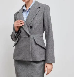 Women’s Grey Wool Blend Double Breasted Blazer Lapel Collar Waist Cinched Elegant Office Suit Jacket