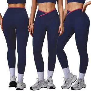 Women’s Gym Activewear Bare Feeling High waisted Yoga Pants with Crossed Color Contrast Women’s Sports Leggings