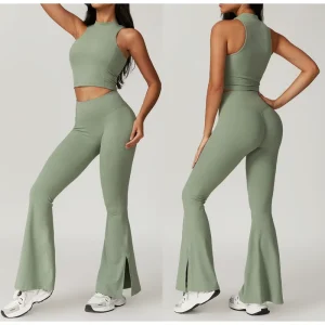 Women’s Gym Fitness 2 Piece Set Custom Logo Quick Dry High Waist Flare Yoga Leggings Sleeveless Top Sexy Bra Style Running
