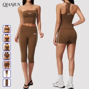 Women’s Gym Fitness Activewear Contrast Color Yoga Sets Short Sleeve Top High Waist Legging Sport Workout Yoga Sets