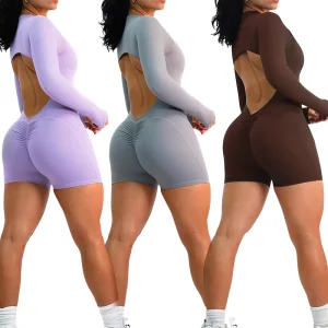 Women’s Gym Fitness Activewear Long Sleeve Bodysuit One Piece Rompers Yoga Short Jumpsuit Solid Summer Sports Clothing