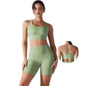 Women’s Gym Fitness Activewear Sets Custom Logo Workout Wear Cross Back Sports Bra Seamless Yoga Shorts 2 Piece Suit Solid