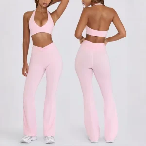 Women’s Gym Fitness Activewear Workout Running Sets Halter Bra Flared Pants Nude Sportswear Yoga Set