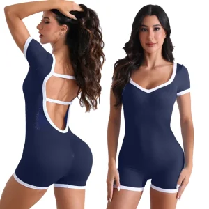 Women’s Gym Fitness Set One Piece Yoga Wear Sportswear Bodysuits Backless Rompers Jumpsuits Sweat-Wicking Seamless V-neck Shorts