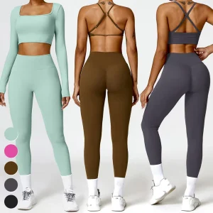 Women’s Gym Fitness Sets Long Sleeve Sport Bra Leggings Solid Pattern Yoga Suit for Outdoor Running Elastic Waist