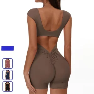 Women’s Gym Fitness Workout Jumpsuit Hollow Back One Piece Tight Tummy Control Scrunch Sports Bodysuit Four Way Stretch