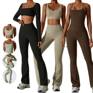 Women’s Gym Sportswear Set Lightweight High Waist Flared Pants with Active Sports Bra and Crop Top Fitness Yoga Wear