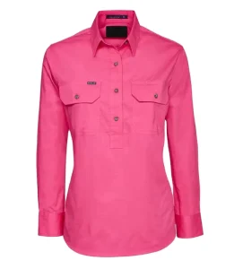 Women’s Half Button Pure Cotton Twill Work Shirt Long Sleeve Casual Custom Lady Shirts