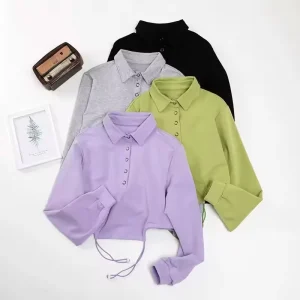 Women’s Half Button up Sexy Cropped Long Sleeve Sweatshirt Tops