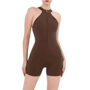 Women’s Half Zip Halter Workout Romper High Waist Butt Lifting Beautiful Back Quick Dry Yoga Jumpsuit for Fitness Gym Activities