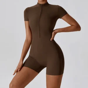 Women’s Half-Zip Mock Neck Yoga Romper Short Sleeve Slim Fit Workout Yoga Jumpsuit One Piece Sports Bodysuit