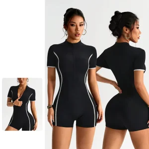 Women’s Half Zip Stand Neck Short Sleeve Workout Romper Quick Drying Striped Color Blocking Slim Butt Lift Yoga Workout Jumpsuit