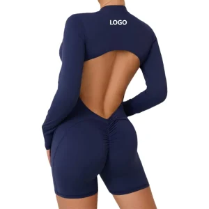Women’s Half Zipper Long Sleeve Fitness Bodysuit Yoga Jumpsuit Backless Tight Sports Outer Wear Gym Workout Rompers Sportswear