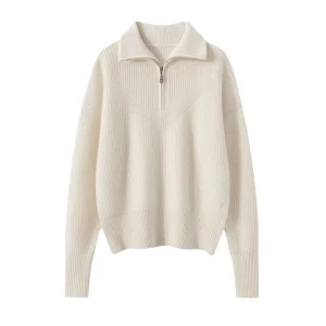 Women’s Half zip Pullover Solid Color Long sleeved 100% Cashmere Sweater Thick Sweater