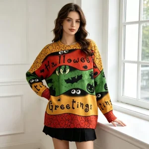 Women’s Halloween Cartoon Print Knit Sweater Casual Crewneck Oversized Long Sleeve Skin Friendly All match Daily Wear Pullover