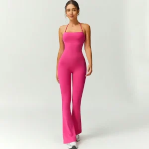Women’s Halter Neck Adjustable Straps Yoga Jumpsuit Slim Fit Workout Romper Gym Bodysuit with Flare Pants