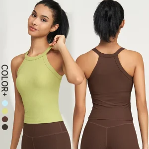 Women’s Halter Neck Sports Vest 2 in 1 Fixed Pads Sleeveless Yoga Tank Top Ribbed Slim Fit Shirts