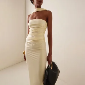Women’s Halter Neckline Breathable Natural Waistline High Quality Sleeveless Pleated Tight Sexy Backless Dress