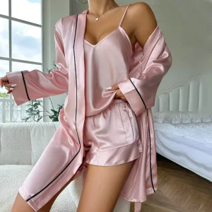Women’s Halter Shorts Nightgown Robe Set Breathable Soft Satin Sleepwear Elastic Waist Solid Pattern Thermal Winter ODM