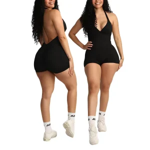 Women’s Halter Strap Romper with Back Pockets Backless Fitness Yoga Bodysuit Slim Fit Sports Jumpsuit Halter Shorts Yoga Wear