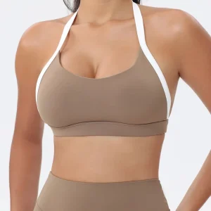 Women’s Halter Yoga Bra V Neck Seamless Padded Athletic Crop Tops for Workout Sports Bras with Front Logo Breathable Lightweight
