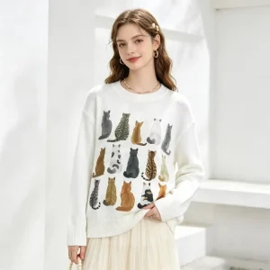 Women’s Hand Drawn Multi Cat Back View Print Knit Sweater Casual Crewneck Oversized Long Sleeve Daily All Match Knitwear