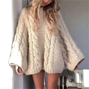 Women’s Hand Knit Jumper Oversized Crewneck Cotton Chunky Cable Knit Sweater