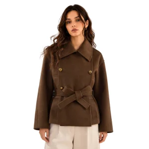 Women’s Handmade Overcoat for Winter Double Breasted Short Double Faced Wool Coat with Warm Wool Lapels