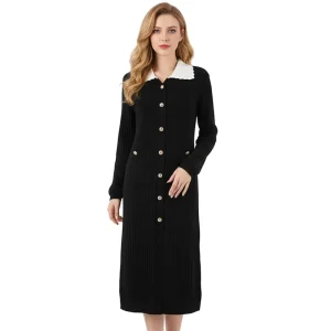 Women’s Handmade Pocket Knitted Dress Holes Beads Small Fragrance Simple Doll Neck Long Sleeve Cardigan Knitted Dress