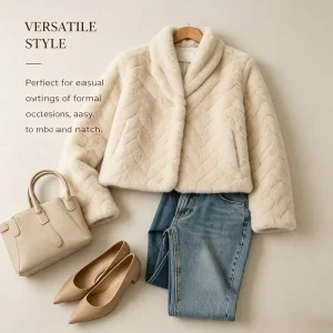 Women’s Herringbone Textured V neck Faux Fur Jacket Open Front Cropped Slim Fit Casual Winter Coat Outerwear