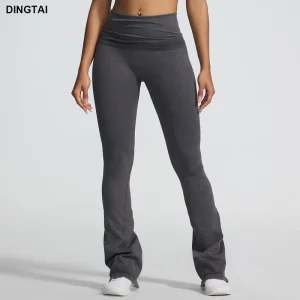 Women’s High Elasticity Yoga Leggings Sand Washed Seamless Fitness Pants with Slimming Bell Bottom & Solid Pattern