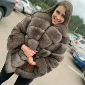 Women’s High End Winter Outwear Short Fashionable Fur Coat with Sable Fox Fur Collar Single Breasted Dyed Trench Outerwear Warm