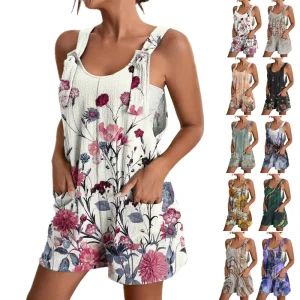 Women’s High Floral Print Adjustable Strap Overalls Casual Knitted High Waist Eco Friendly Spandex/Polyester Jumpsuits