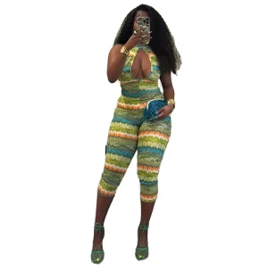 Women’s High Knitted Sleeveless Jumpsuit Printed Backless Slimming Hollow Fashion Graphic Romper