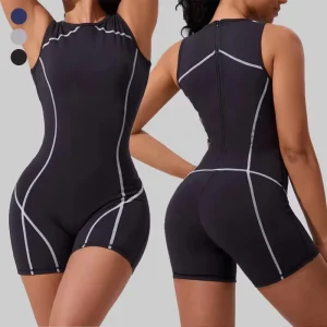 Women’s High Neck Color Blocking Yoga Shorts Jumpsuits Sleeveless Workout Rompers One Piece Bodysuit Active Sports Jumpsuit