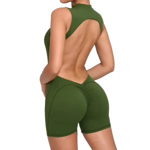 Women’s High Neck Compression Stretchy Open Back Scrunch Yoga Romper Sports Bodysuits & Jumpsuits