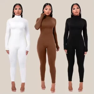 Women’s High Neck Jumpsuits Playsuits Clothing Soild Color Zipper Romper Sexy Outfits Long Sleeve One Piece Jumpsuit for Women