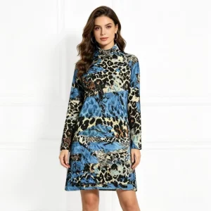 Women’s High Neck Long Sleeve Knit Dress Loose Fit Vibrant Blue Leopard Print Casual Chic Style All Season Versatile Daily Wear