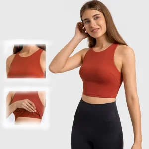 Women’s High Neck Longline Sports Bra Padded Racerback Yoga Bra Crop Tank Top With Built in Shelf Bra