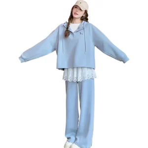 Women’s High Quality Casual Solid Hooded Sweatshirt Set Crew Neck Sweatshirt Long Sleeve Knitting Clothing Loose Fit Sweatshirt