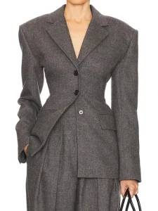 Women’s High Quality Light Luxury Wool Blazer Woven Autumn New Hand Embroidery Single Button Tight Waist Gray Coat