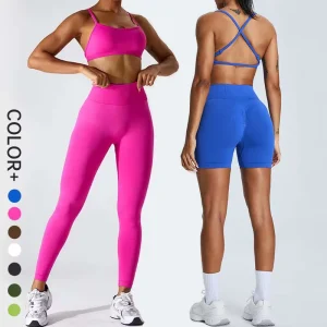 Women’s High Quality Seamless Activewear Yoga Shorts Set Breathable Sports Bra and Leggings for Fitness Workout Solid Pattern