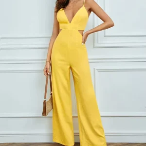 Women’s High Quality Solid Yellow Linen Jumpsuit Summer Sexy Backless Strapless Fitness Style Breathable Casual