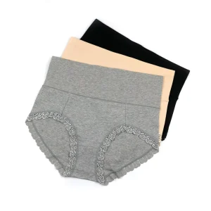 Women’s High-Rise Knitted Cotton Underwear with Lace Edge Soft Comfortable Breathable Eco-Friendly