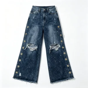 Women’s High Rise Wide Leg Destroyed Jeans Gold Grommet Heavy Acid Wash Ripped Denim Pants