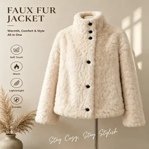 Women’s High Stand Collar Faux Fur Jacket Asymmetric Black Buttons Cropped Loose Fit Windproof Winter Daily Outerwear