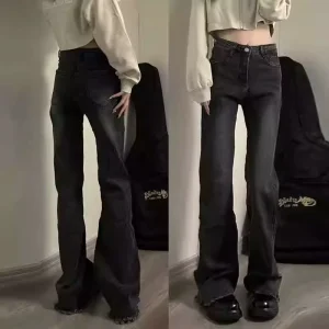 Women’s High Street Regular Denim Jeans Vintage Washed Flare Pants Solid Straight Mid Waist Waterproof Washable Summer