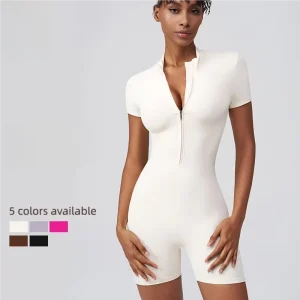 Women’s High Strength Gym Sports Bodysuit One Piece Zipper Yoga Jumpsuit Short Sleeves Breathable Solid Leggings for Fitness